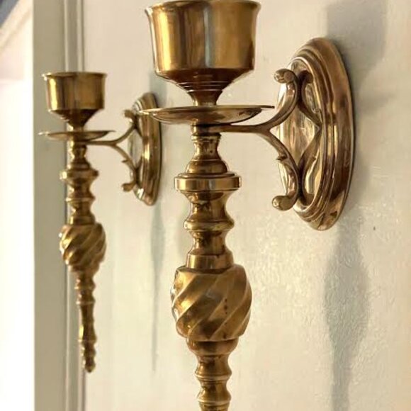 Pair of Vintage Gold Brass Wall Sconce  Candle Holder, Taper Candle Wall Decor - Picture 6 of 14